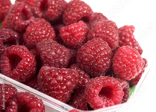фотографія Raspberries, rubus idaeus against White Background