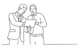 Two businessmen talking to each other. Line drawing vector illustration.