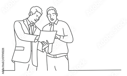 Two businessmen talking to each other. Line drawing vector illustration.