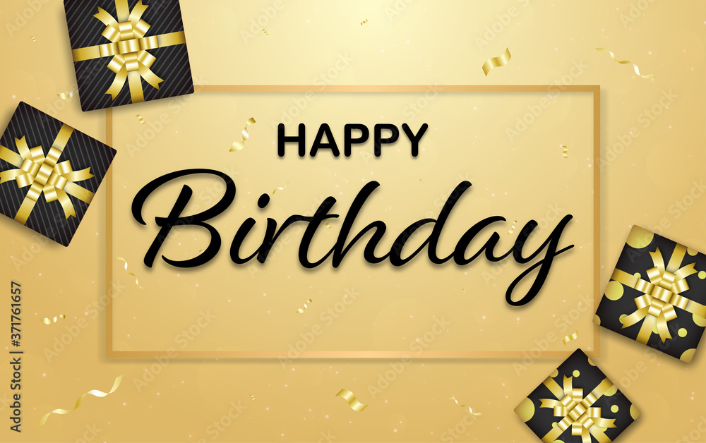 happy birthday gold background with golden color ribbon, gift box Stock ...