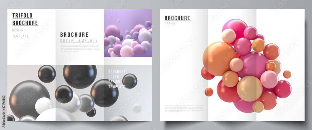 Vector layouts of covers design templates for trifold brochure, flyer layout, book design, brochure cover, advertising. Abstract futuristic background with colorful 3d spheres, glossy bubbles, balls.