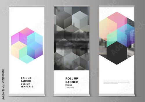 Vector layout of roll up mockup design templates with colorful hexagons, geometric shapes, tech background for vertical flyers, flags design templates, banner stands, advertising design mockups.