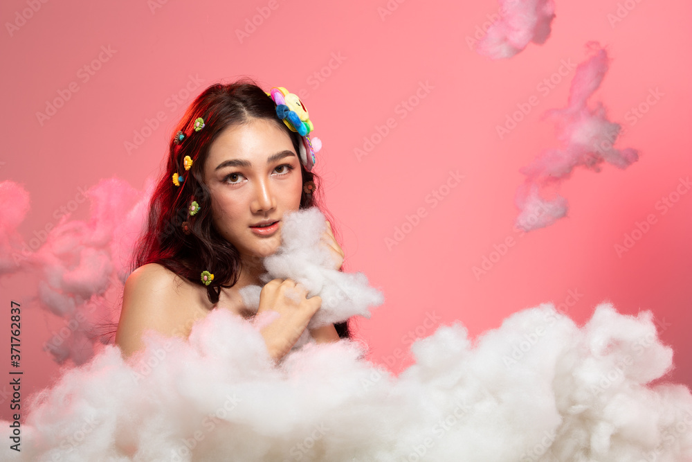 Woman relax in Fantasy bathroom and shower with puffy white Cloud Woman relax in Fantasy bathroom and shower with puffy white Cloud