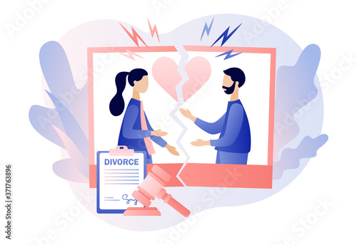 Divorcement. Tiny people relationship breakup. Husband and wife at torn apart wedding photo. Broken heart. End of family life. Sign agreement divorce document. Modern flat cartoon style. Vector
