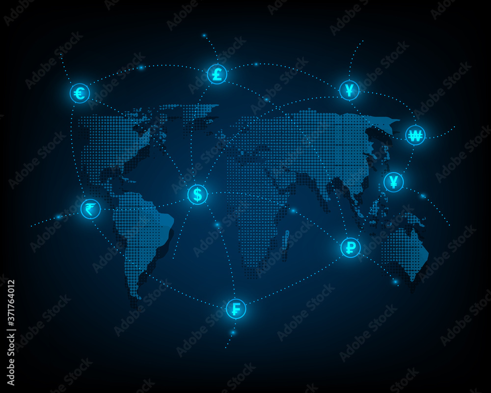 Global currency exchange network on blue background eps10 vector illustration