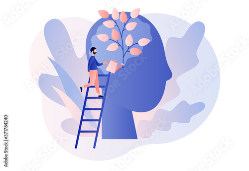 Personal growth. Tiny man watering that growing plant from the brain as metaphor growth personality. Self-improvement and self development concept. Modern flat cartoon style. Vector illustration