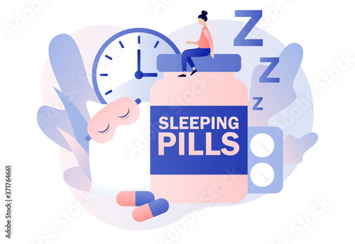 Tiny woman suffers from insomnia in bedroom surrounded by alarm clock, sleeping pills, pillow, mask. Sleep control. Stress, depression and sleeping problems. Modern flat cartoon style. Vector