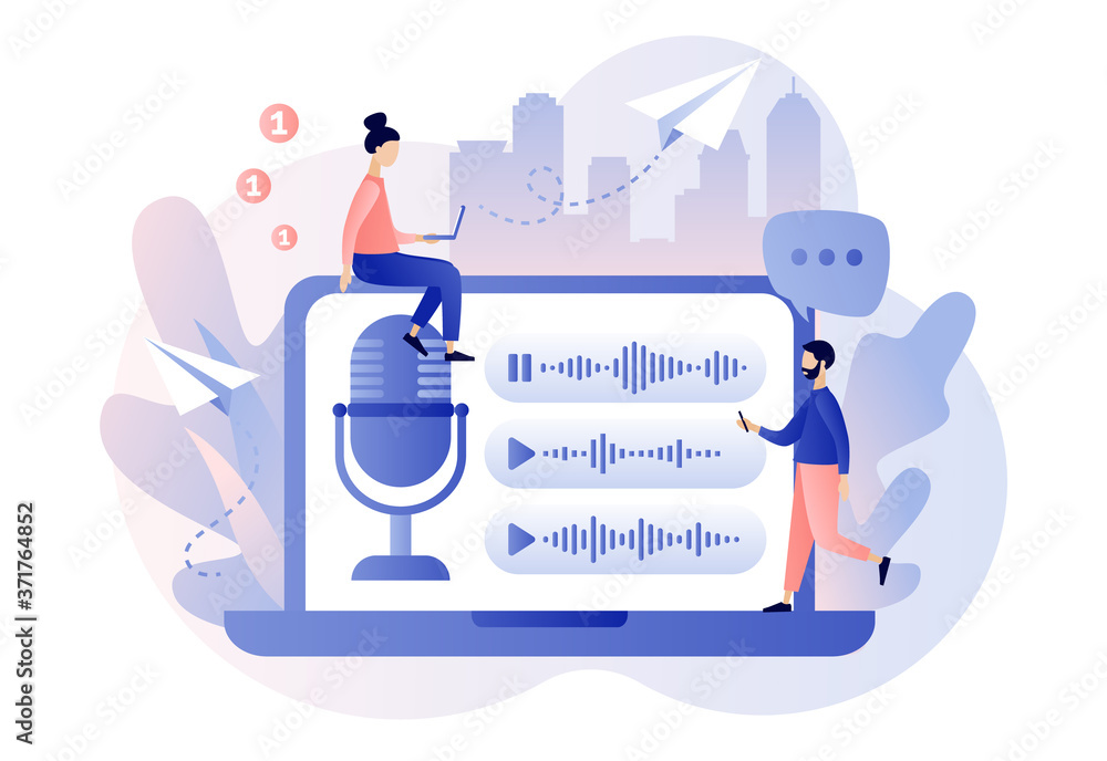 Voice messages concept. Tiny people use microphone in laptop to record message or to voice assistant. Chat app. Online communication. Modern flat cartoon style. Vector illustration on white background Voice messages concept. Tiny people use microphone in laptop to record message or to voice assistant. Chat app. Online communication. Modern flat cartoon style. Vector illustration on white background