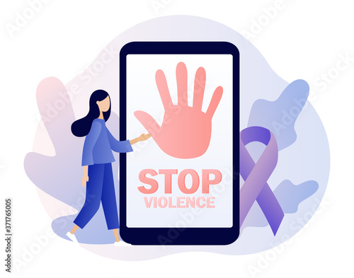 Stop violence text on screen smartphone. Purple ribbon as symbol domestic violence. International day for the elimination of violence against women. Modern flat cartoon style. Vector illustration