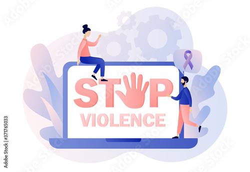 Stop violence text on screen smartphone. Purple ribbon as symbol domestic violence. International day for the elimination of violence against women. Modern flat cartoon style. Vector illustration