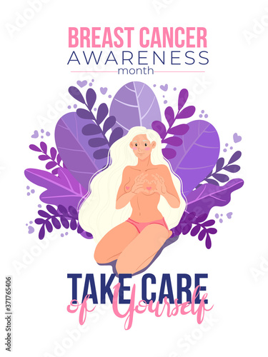 Breast cancer awareness month concept. Young women sitting and shows hearts sign. Take care of yourself and love yourself. Vector flat illustration.