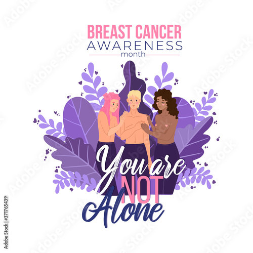 Breast cancer awareness month. Concept of women's social movement against oncology disease. Solidarity of womens against a cancer. Support for female mastectomy survivors. Vector flat illustration. 