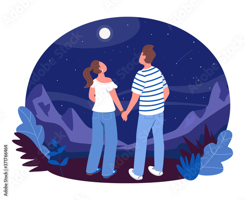 Stargazing 2D vector web banner, poster. Boy and girl hold hands and watch stars. Teenager couple flat characters on cartoon background. Romantic night printable patch, colorful web element