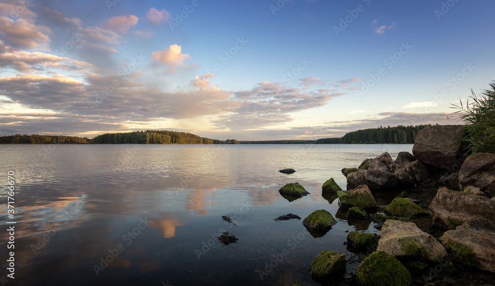 summer panorama of the Ural river in the evening on Russia, Ural, August