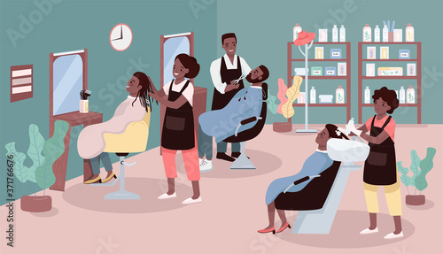 Beauty parlor flat color vector illustration. Women and men haircut service. Beauty salon with african american hairdressers 2D cartoon characters with furniture on background