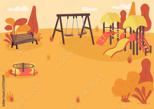 Autumn playpark flat color vector illustration. Public park in fall. Empty children recreation area. Autumn park zone with kids playground equipment 2D cartoon landscape with trees on background