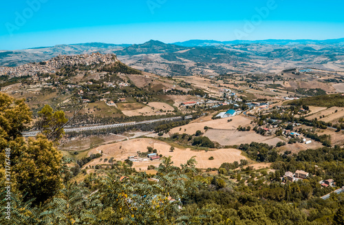 Panorama of Sicilian landscapes with the amazing medieval stone town of Leonforte on the hill in the province of Enna, Sicily, Italy