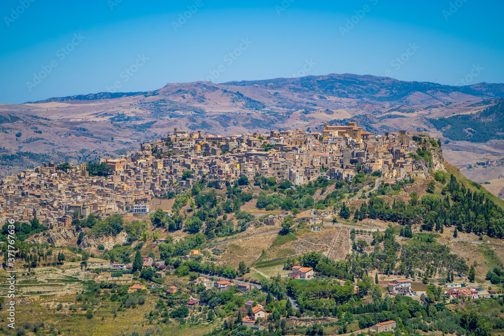 Sicilian landscapes with the amazing medieval stone town of Leonforte on the hill in the province of Enna, Sicily, Italy