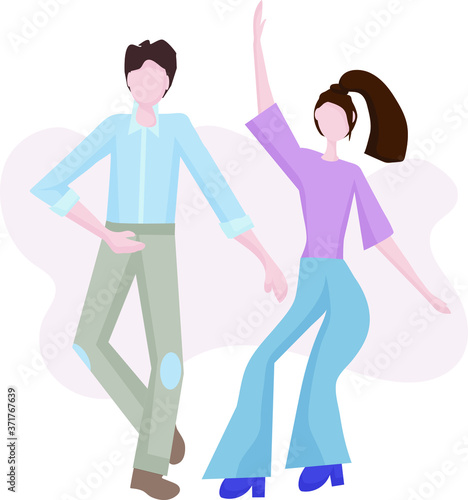 Happy dancing couple. A young man and a girl at a disco or a party. It s time to relax and have a rest. Fun to celebrate the holiday. Dance movements  activity  entertainment. flat design