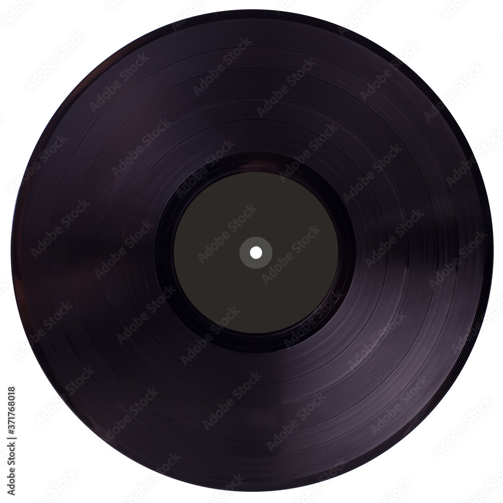 Obraz premium Black DJ vinyl record plate for a music player on a white background close-up