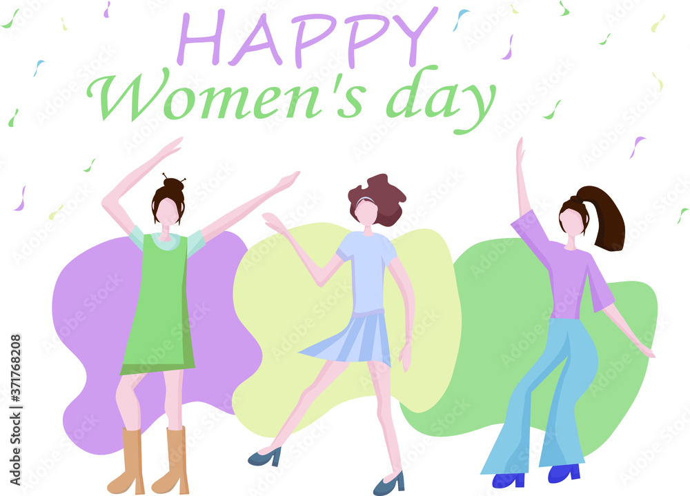 Modern young girls are dancing. Dance moves, fun and entertainment. Women's friendship and common leisure. Together will celebrate the International Women's Day. Flat design Modern young girls are dancing. Dance moves, fun and entertainment. Women's friendship and common leisure. Together will celebrate the International Women's Day. Flat design