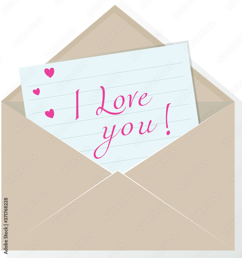 An open brown paper envelope with a letter of love and pink hearts. Symbol of a postal message and a declaration of love. Congratulations on Valentine's Day An open brown paper envelope with a letter of love and pink hearts. Symbol of a postal message and a declaration of love. Congratulations on Valentine's Day
