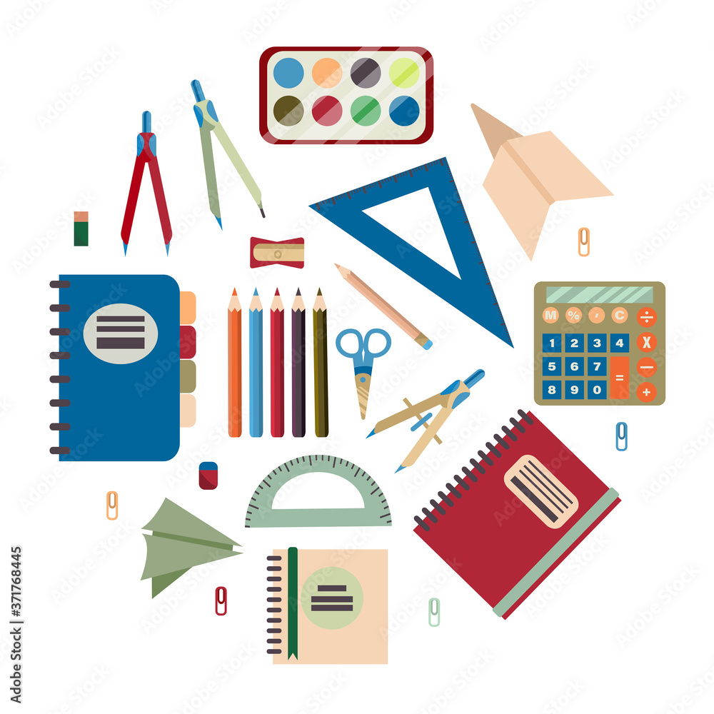 A set of cartoon school supplies is isolated on a white background. Round composition. Vector illustration in flat style A set of cartoon school supplies is isolated on a white background. Round composition. Vector illustration in flat style