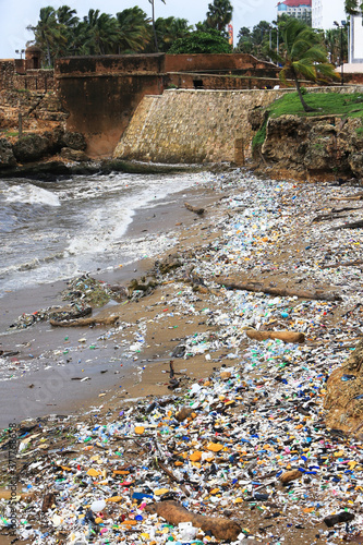 Garbage, plastic bags and bottles covering a city beach of Santo Domingo, the capital of the Dominican Republic.