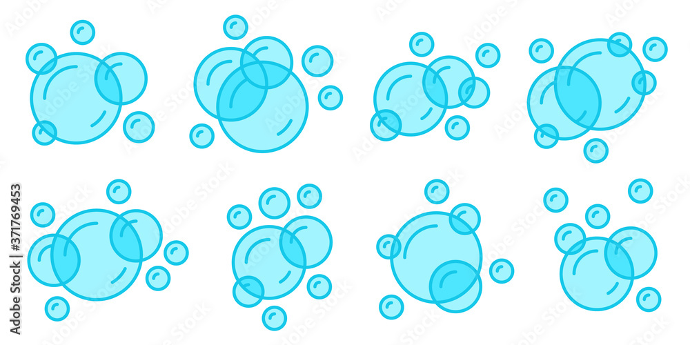 Bubble icons. Oxygen water fizzy bubbles, seawater blue bubbles, undersea bubbles stream isolated vector illustration set