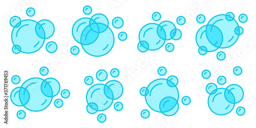 Bubble icons. Oxygen water fizzy bubbles, seawater blue bubbles, undersea bubbles stream isolated vector illustration set