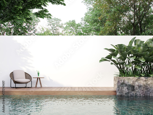Fotótapéta Modern style swimmimg pool terrace with blank wall for copy space 3d render, There are wooden floor,green tile in the swimming pool and ,empty white wall,Surrounded by nature