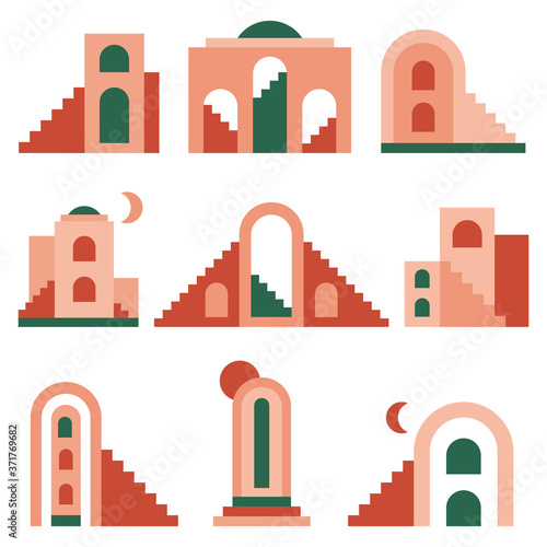 Modern geometric architecture. Abstract architectural elements, contemporary minimal buildings, architectural arch, stairs and towers vector illustration set