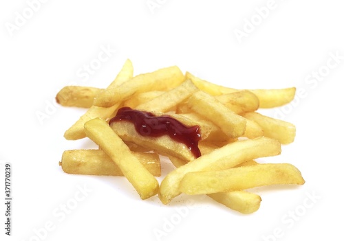 French Fries and Tomato Sauce against White Background