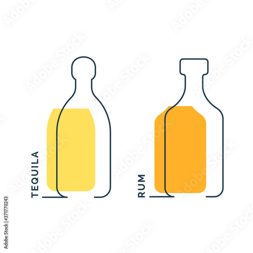 Bottle tequila and rum continuous line in linear style on white background. Black thin outline and red fill. Modern flat style graphic design. Logo element illustration. Contour drink symbol