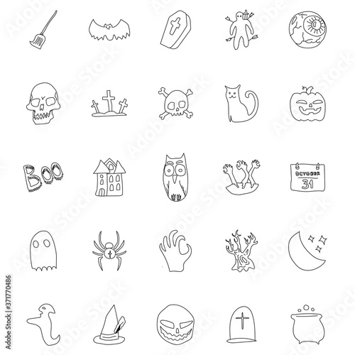 halloween hand drawn linear doodles isolated on white background.halloween icon set for web and ui design  mobile apps and print products