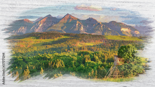 Stunning Tatra mountains at sunset in summer, watercolor painting