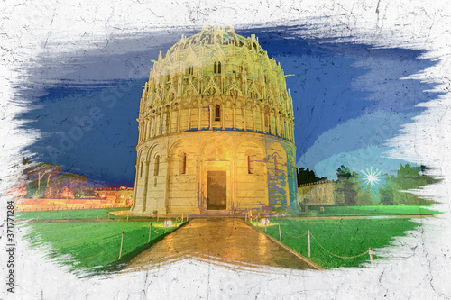 Baptistery at night in Pisa, Italy, watercolor painting