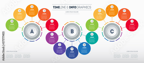 Infographic consisting of 3 segments (A, B, C) and 15 parts. Business presentation with options. Brochure design template. Diagram of technology or education process with seventeen steps. Vector.