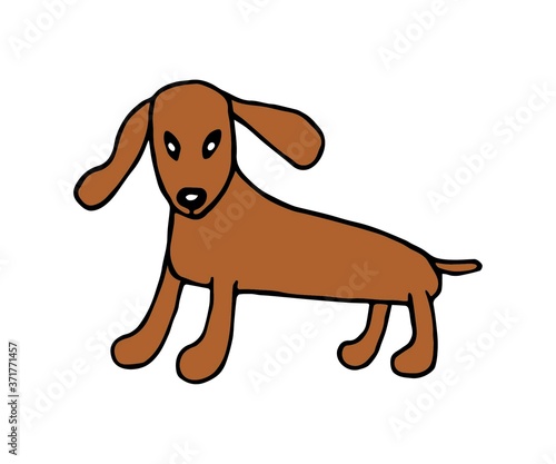 Simple vector drawing. Cute little brown dog, a breed of dachshund isolated on a white background. Favorite pets. For children’s design, labels, logo, sticker, t-shirt with print.