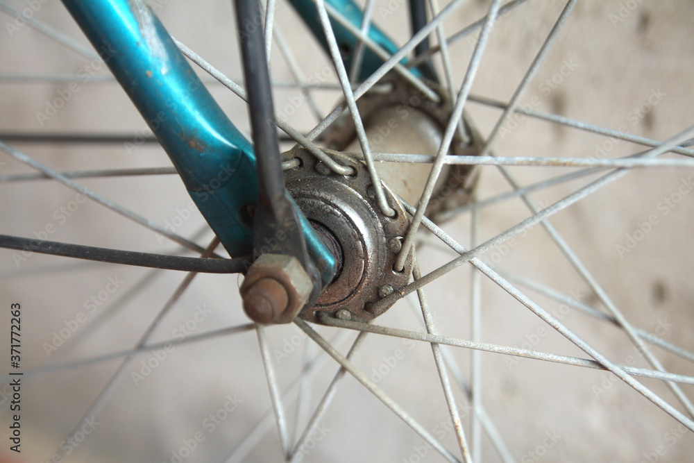Close up image of old bicycle wheel 