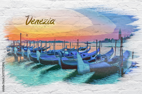 Gondolas in Venice at sunse...