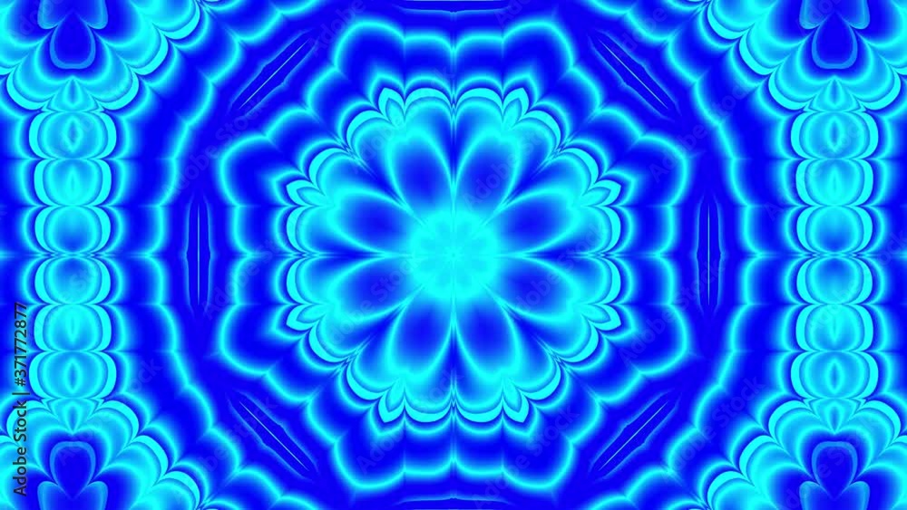 Patterns of blue rotating kaleidoscopes on a black background. Abstract motion graphics. Fractal animation. Beautiful bright ornament. Endless cycle