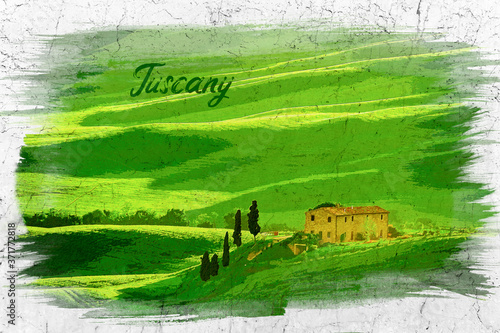 Green Tuscany field and old...