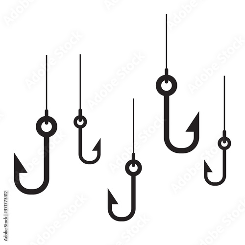 Fishing hook with rope icon set, black isolated on white background, vector illustration.