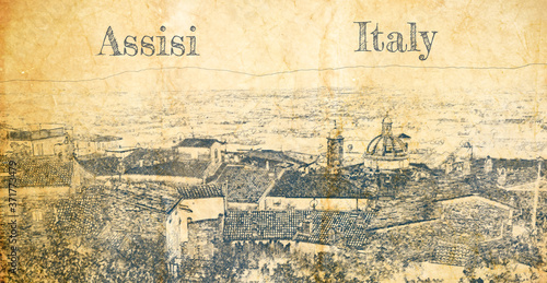 Old Assisi in Umbria, Italy, sketch on old paper