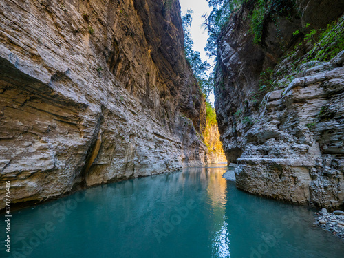 The most beautiful and spectacular canyon. Amazing gorge with tall walls and the wide river. Albania.