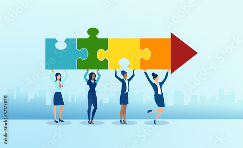 Vector of diverse women holding puzzle pieces shaped as an arrow