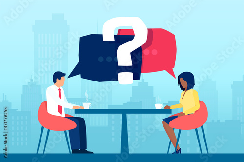 Vector of a business man and businesswoman having questions during meeting and discussion