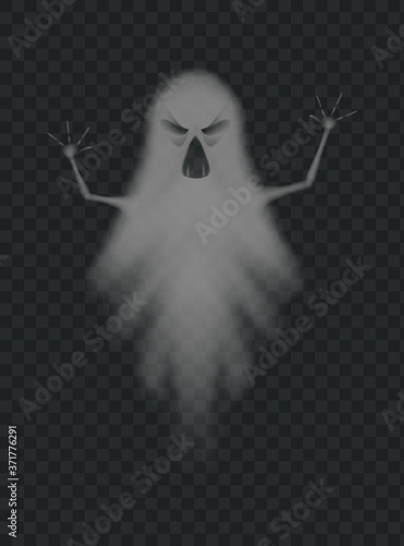 Evil ghost scaring with frightening face. Halloween monster silhouette. Flying evil phantom or spirit figure. Night dead ghoul or spooky isolated mysterious apparition vector illustration