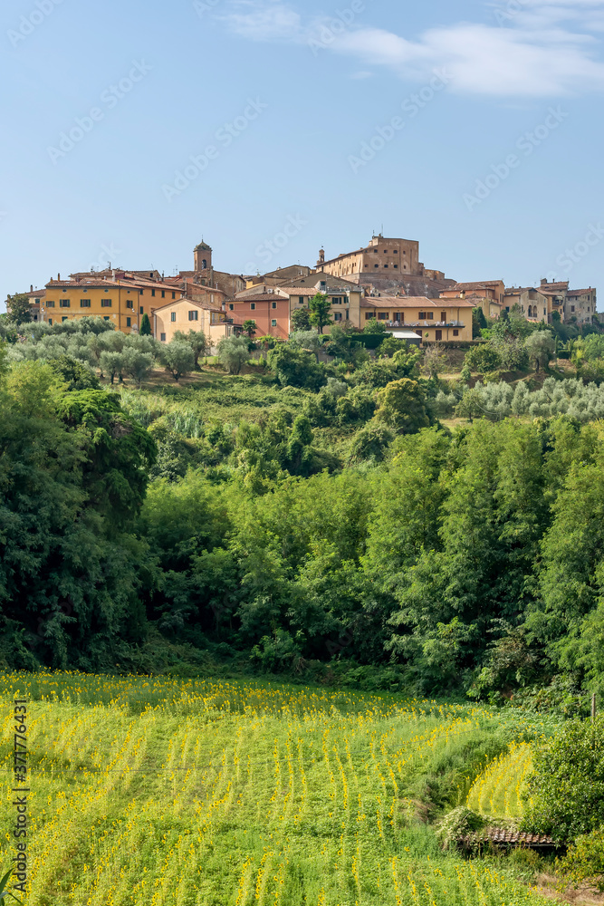 Beautiful vertical view of the picturesque Tuscan village of Lari, Pisa, Italy, with a field of sunflowers below Beautiful vertical view of the picturesque Tuscan village of Lari, Pisa, Italy, with a field of sunflowers below